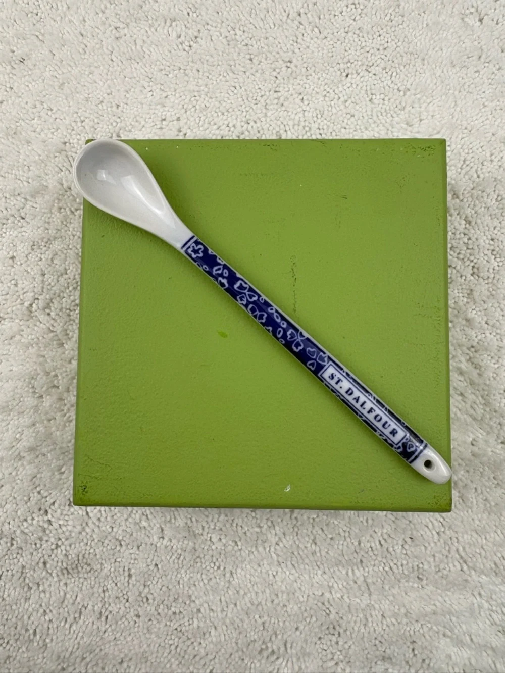 White St. Dalfour Porcelain Spoon with a Blue Floral Pattern on the Handle